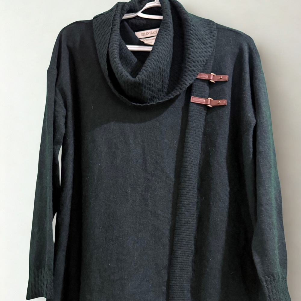 Ellen Tracy Navy Blue Cowl-Neck Buckle Sweater - Size M